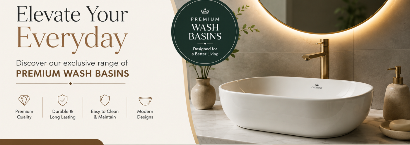Promotional banner for a premium wash basin, featuring a white vessel sink with a gold faucet and a round backlit mirror in a modern bathroom setting. The left side contains marketing text, icons for product features, and a dark green circular badge reading 'PREMIUM WASH BASINS'.