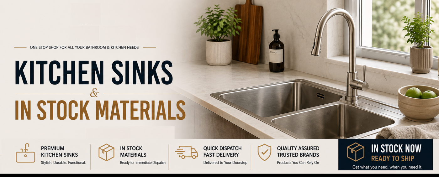 Promotional banner for kitchen sinks and in stock materials, featuring a modern stainless steel double sink with a curved faucet in a bright kitchen setting. Large text reads 'KITCHEN SINKS & IN STOCK MATERIALS' with icons for premium sinks, in stock materials, quick dispatch, and quality assured trusted brands.
