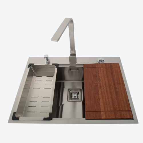 1.0 BOWL SS SINK WITH FA-02IS FAUCET, FA-07IS LIQUID SOAP DISPENSER , FA-08IS COLANDER BASKET , FA-09IS CHOPPING BOARD & FA-15IS SQUARE WASTE COUPLING W/AUTO DRAINER & OVERFLOW (DEPTH 9)- FUTURA -  ( STAINLESS STEEL - INTELLIGENT SINK - 675x450 mm - 27inc