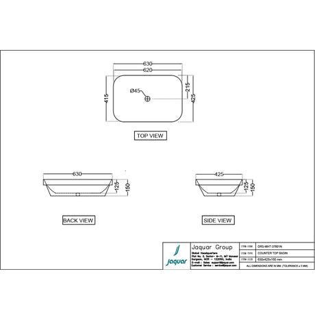 COUNTER TOP BASIN - JAQUAR SWARE - (WHITE - D-ARC - 615x415 mm - 24.6inchX16.6inch)