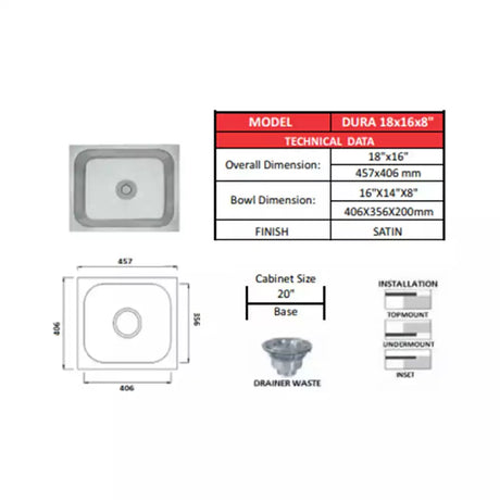 SS KITCHEN SINK 1.0 BOWL W/O DRAINBOARD (DEPTH 8INCH) WASTE COUPLING WITH PLUMBING KIT - FUTURA -  ( SATIN - DURA - 457x406 mm - 18.28inchX16.24inch )