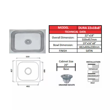 SS KITCHEN SINK 1.0 BOWL W/O DRAINBOARD (DEPTH 8INCH) WASTE COUPLING WITH PLUMBING KIT - FUTURA -  ( SATIN - DURA - 559x457 mm - 22.36inchX18.28inch )