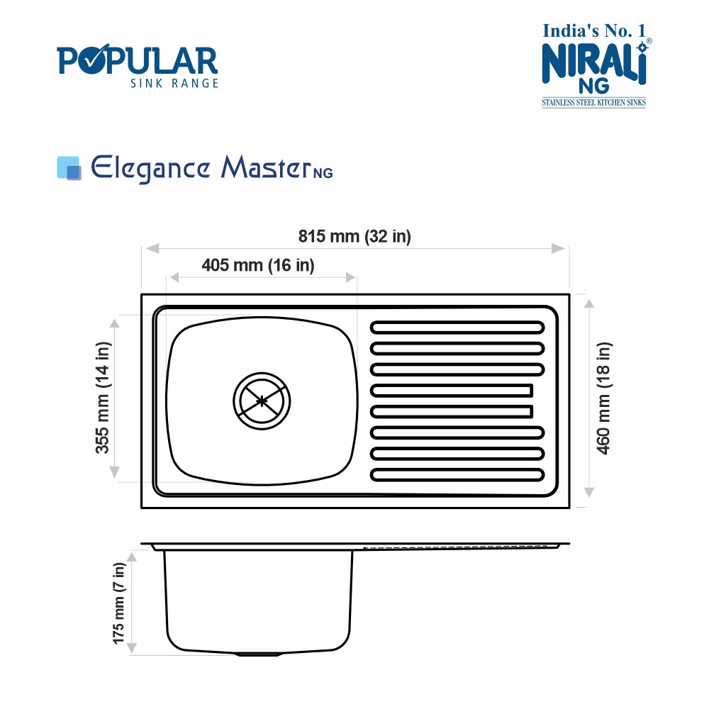 SS SINK 1.0 BOWL W/O DRAIN BOARD ( DEPTH 7INCH)ELEGANCE MASTER - NIRALI -  ( SATIN - POPULAR SINK RANGE - 815x460 mm - 32inchX18inch )