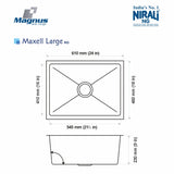 SS SINK 1.0 BOWL W/O DRAIN BOARD(DEPTH 9  ) MAXELL LARGE (1.2 MM THICKNESS) - NIRALI -  ( SATIN - MAGNUS PREMIUM RANGE - 610x460 mm - 24inchX18inch )