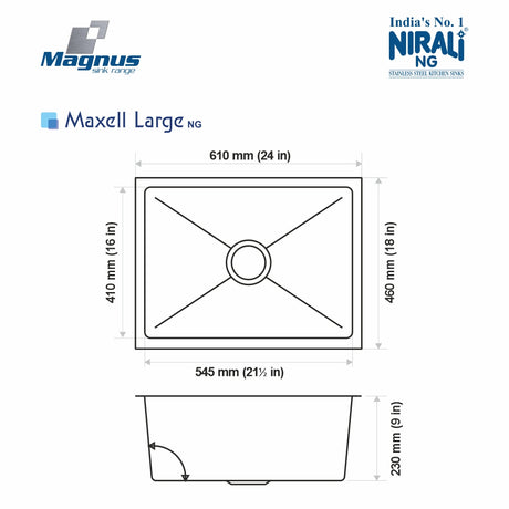SS SINK 1.0 BOWL W/O DRAIN BOARD(DEPTH 9  ) MAXELL LARGE (1.2 MM THICKNESS) - NIRALI -  ( SATIN - MAGNUS PREMIUM RANGE - 610x460 mm - 24inchX18inch )