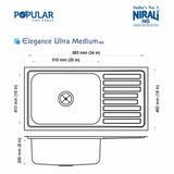 SS SINK 1.0 BOWL WITH DRAIN BOARD (DEPTH 8.25  )ELEGANCE ULTRA MEDIUM - NIRALI -  ( SATIN - POPULAR SINK RANGE - 865x510 mm - 34inchX20inch )
