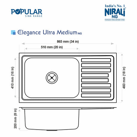 SS SINK 1.0 BOWL WITH DRAIN BOARD (DEPTH 8.25  )ELEGANCE ULTRA MEDIUM - NIRALI -  ( SATIN - POPULAR SINK RANGE - 865x510 mm - 34inchX20inch )