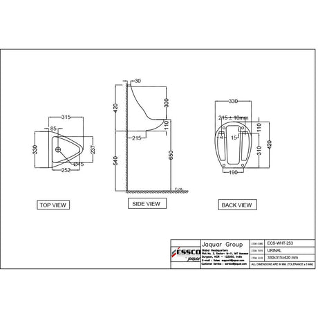 URINAL W/FIXING AACCESSSORIES - ESSCO SWARE -  ( WHITE - ELEMENTS - 330x315 mm - 13.2inchX12.6inch )