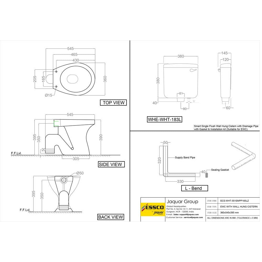 EWC WITH WALL HUNG CISTERN, 39MM DRAINAG ( BOLT DISTANCE 9INCH)- ESSCO SWARE -  ( WHITE - ESSCO SANITARY WARE - 0x0 mm - 0inchX0inch )