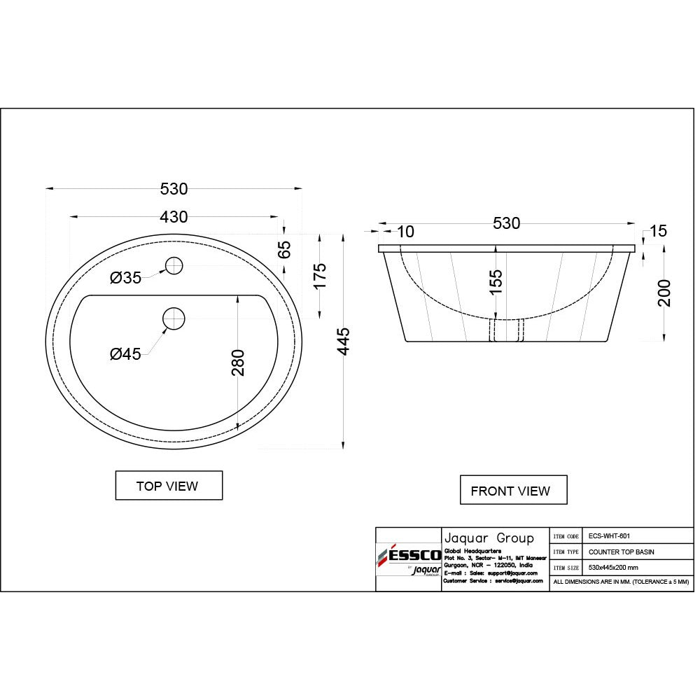 TABLE TOP WASH BASIN - ESSCO SWARE -  ( WHITE -  - 530x440 mm - 21.2inchX17.6inch )