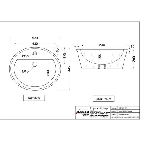 TABLE TOP WASH BASIN - ESSCO SWARE -  ( WHITE -  - 530x440 mm - 21.2inchX17.6inch )