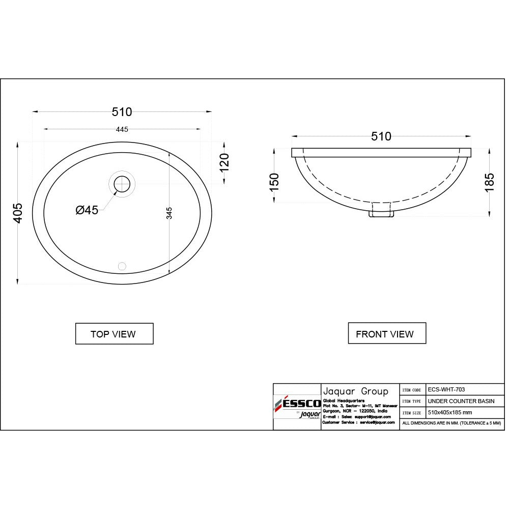 WASH BASIN UNDER COUNTER OVAL - ESSCO SWARE -  ( WHITE -  - 510x405 mm - 20.4inchX16.2inch )
