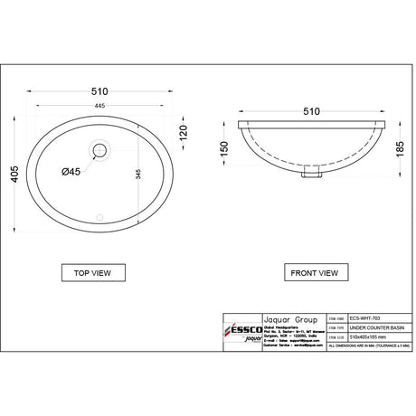 WASH BASIN UNDER COUNTER OVAL - ESSCO SWARE -  ( WHITE -  - 510x405 mm - 20.4inchX16.2inch )
