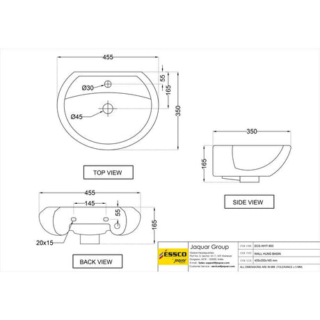 WALL HUNG WASH BASIN - ESSCO SWARE -  ( WHITE -  - 455x350 mm - 18.2inchX14inch )