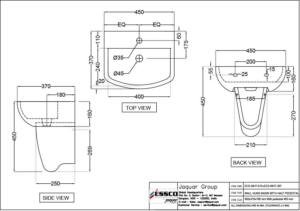 WALL HUNG BASIN WITH FIXING ACCESSORIES - ESSCO SWARE -  ( WHITE - ELEMENTS - 0x0 mm - 0inchx0inch )