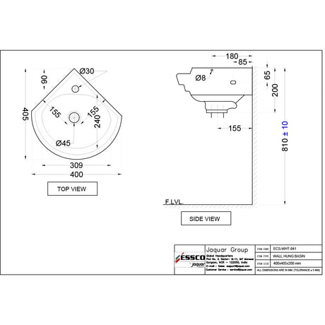 CORNER WALL HUNG WASH BASIN - ESSCO SWARE -  ( WHITE -  - 405x400 mm - 16inchX16inch )