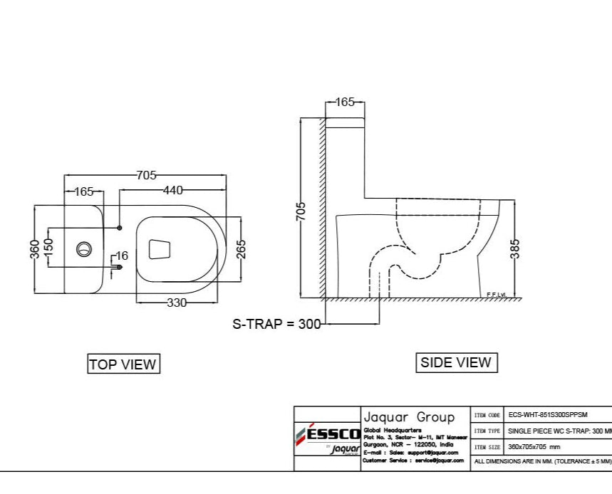 SINGLE PIECE WC WITH PP SOFT CLOSE SLIM SEAT COVER - ESSCO SWARE -  ( WHITE - ELEMENTS - 705x360 mm - 28.2inchX21.6inch )