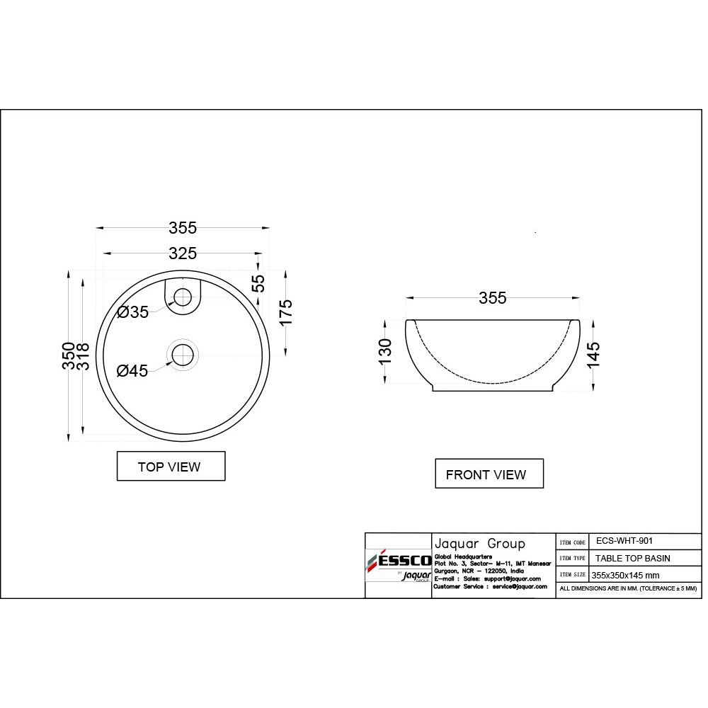 WASH BASIN TABLE TOP - ESSCO SWARE -  ( WHITE -  - 355x350 mm - 14inchX14inch )