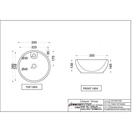 WASH BASIN TABLE TOP - ESSCO SWARE -  ( WHITE -  - 355x350 mm - 14inchX14inch )