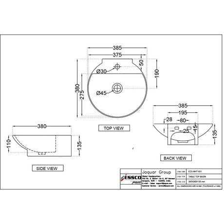 TABLE TOP WASH BASIN - ESSCO SWARE -  ( WHITE - ELEMENTS - 385x380x135 mm - 15.4inchx15.2inchx5.4inch )
