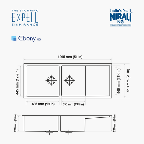 SS SINK 2.0 BOWL WITH DRAIN BOARD  WITH SILICON PREMIUM ROLL MAT , 1 VEG TRAY BIG , 2 STRAINER (DEPTH 9INCH) EBONY - NIRALI -  ( SATIN - EXPELL SINK - 1295x510 mm - 51.5inchX20inch )