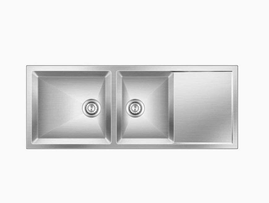 SS SINK 2.0 BOWL WITH DRAIN BOARD  WITH SILICON PREMIUM ROLL MAT , 1 VEG TRAY BIG , 2 STRAINER (DEPTH 9INCH) EBONY - NIRALI -  ( SATIN - EXPELL SINK - 1295x510 mm - 51.5inchX20inch )