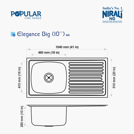 SS SINK 1.0 BOWL WITH DRAIN BOARD (DEPTH 10INCH) ELEGANCE BIG - NIRALI -  ( GLOSSY - POPULAR SINK RANGE - 1040x510 mm - 41inchX20inch )