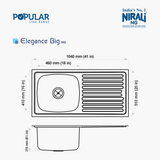 SS SINK 1.0 BOWL WITH DRAIN BOARD (DEPTH 8INCH) ELEGANCE BIG - NIRALI -  ( SATIN - POPULAR SINK RANGE - 1040x510 mm - 41inchX20inch )