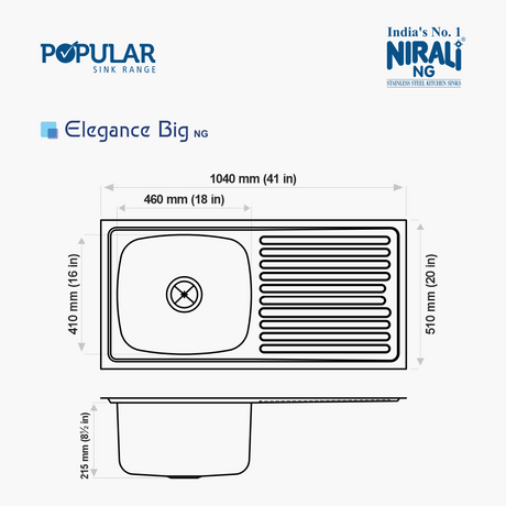 SS SINK 1.0 BOWL WITH DRAIN BOARD (DEPTH 8INCH) ELEGANCE BIG - NIRALI -  ( GLOSSY - POPULAR SINK RANGE - 1040x510 mm - 41inchX20inch )