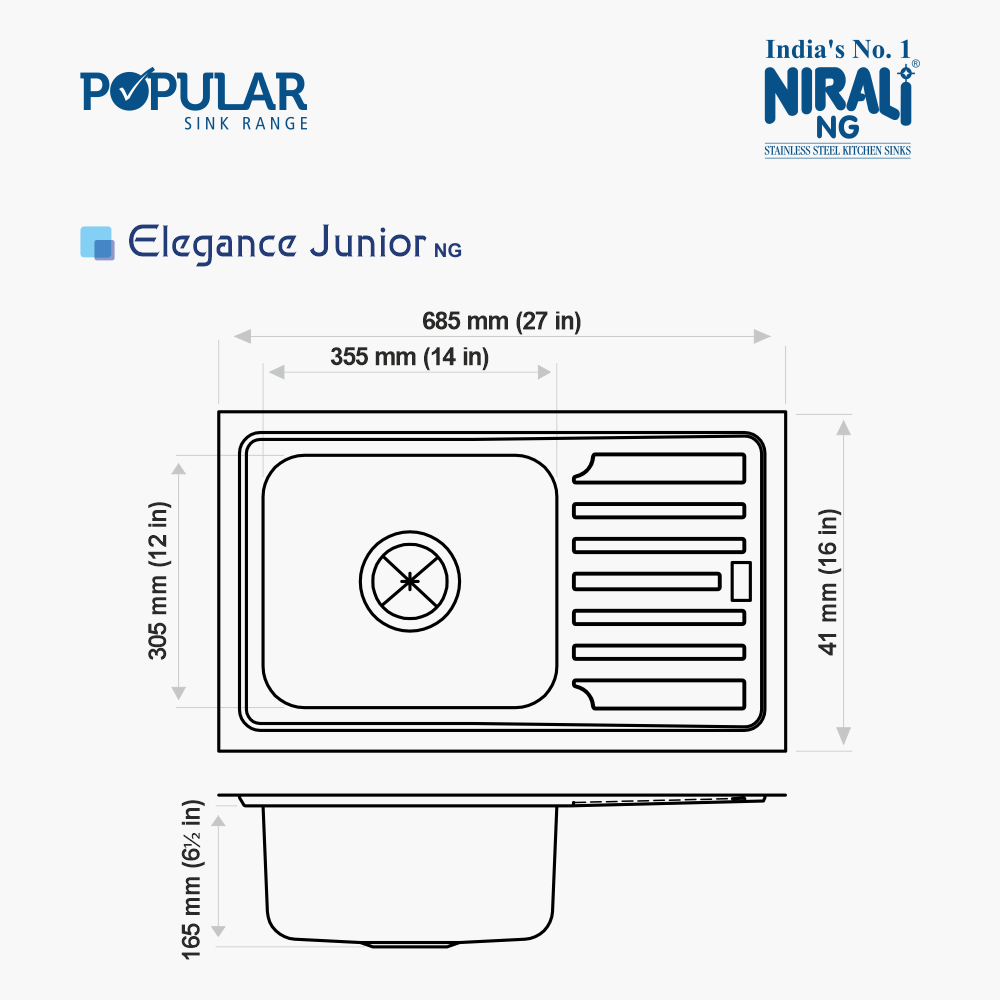 SS SINK 1.0 BOWL WITH DRAIN BOARD (DEPTH 6.5  )ELEGANCE JUNIOR - NIRALI -  ( SATIN - POPULAR SINK RANGE - 685x410 mm - 27inchX16inch )