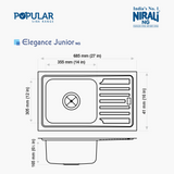 SS SINK 1.0 BOWL WITH DRAIN BOARD (DEPTH 6.5  )ELEGANCE JUNIOR - NIRALI -  ( SATIN - POPULAR SINK RANGE - 685x410 mm - 27inchX16inch )