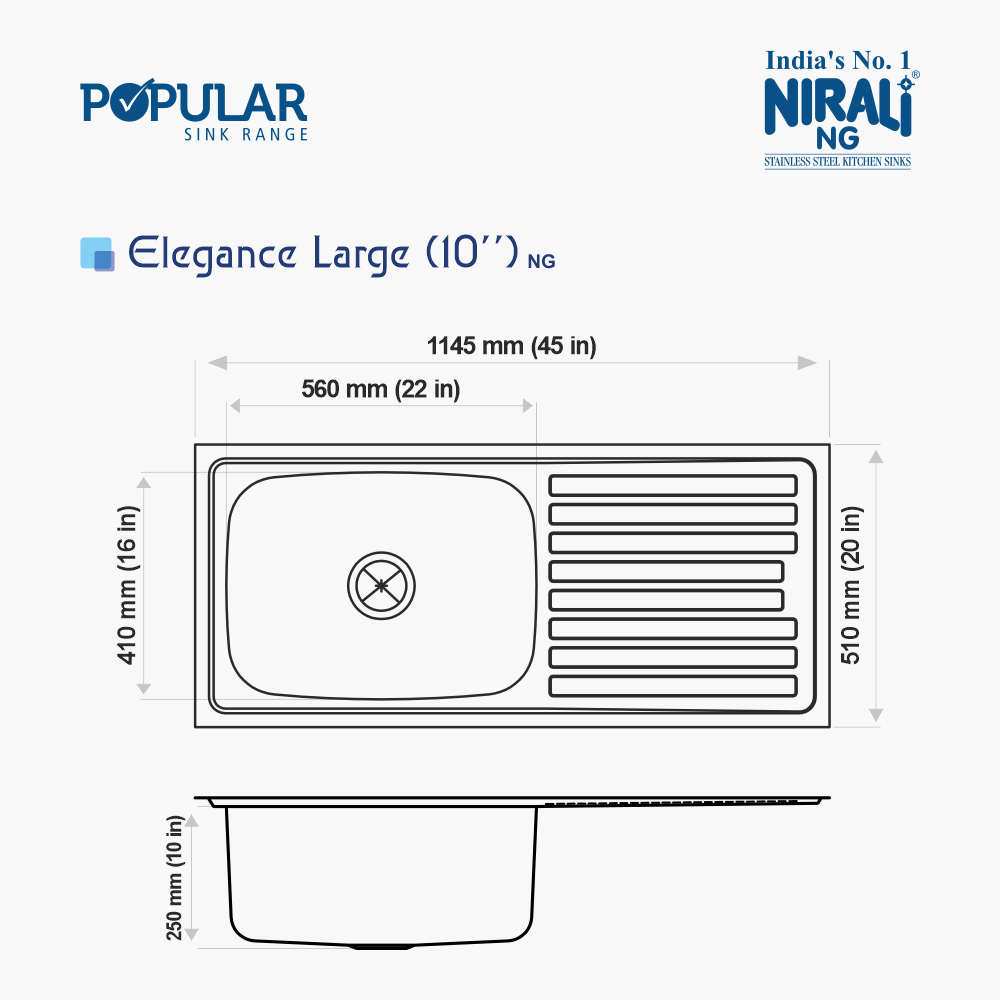 SS SINK 1.0 BOWL WITH DRAIN BOARD ( DEPTH 10  )ELEGANCE LARGE - NIRALI -  ( SATIN - POPULAR SINK RANGE - 1145x510 mm - 45inchX20inch )