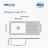 SS SINK 1.0 BOWL WITH DRAIN BOARD ( DEPTH 10  )ELEGANCE LARGE - NIRALI -  ( SATIN - POPULAR SINK RANGE - 1145x510 mm - 45inchX20inch )