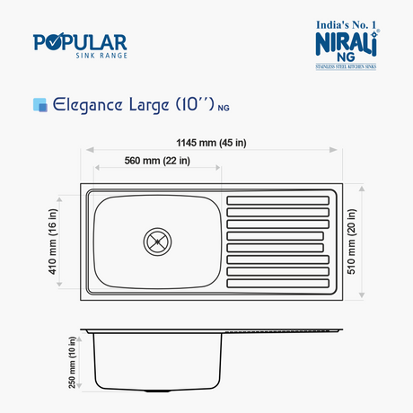 SS SINK 1.0 BOWL WITH DRAIN BOARD ( DEPTH 10  )ELEGANCE LARGE - NIRALI -  ( SATIN - POPULAR SINK RANGE - 1145x510 mm - 45inchX20inch )