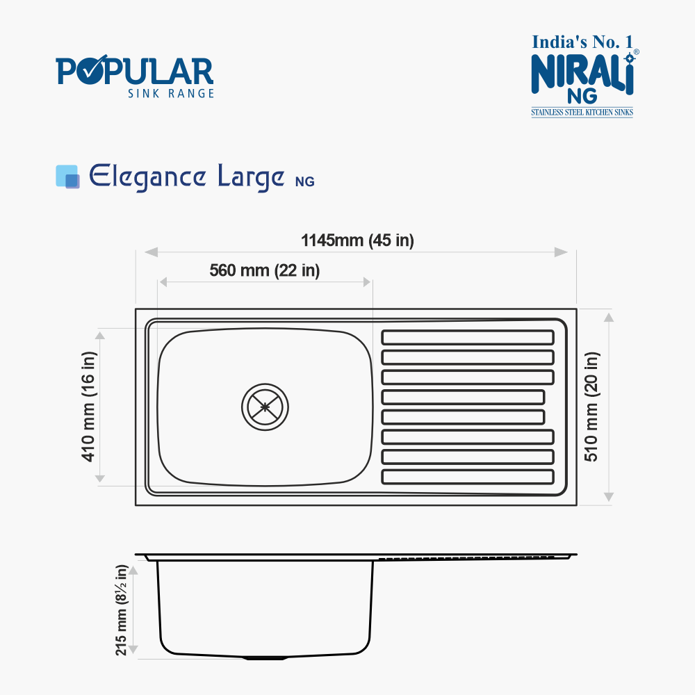 SS SINK 1.0 BOWL WITH DRAIN BOARD (DEPTH 8.5  ) ELEGANCE LARGE - NIRALI -  ( GLOSSY - POPULAR SINK RANGE - 1145x510 mm - 45inchX20inch )