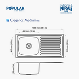 SS SINK 1.0 BOWL WITH DRAIN BOARD (DEPTH 8INCH)ELEGANCE MEDIUM - NIRALI -  ( GLOSSY - POPULAR SINK RANGE - 1000x510 mm - 39.5inchX20inch )