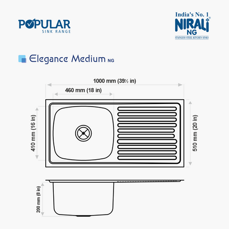 SS SINK 1.0 BOWL WITH DRAIN BOARD (DEPTH 8INCH)ELEGANCE MEDIUM - NIRALI -  ( GLOSSY - POPULAR SINK RANGE - 1000x510 mm - 39.5inchX20inch )