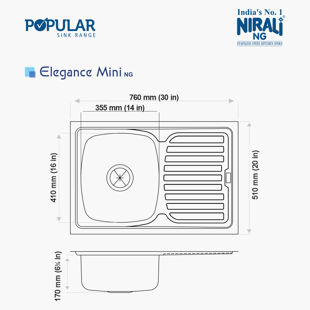 SS SINK 1.0 BOWL WITH DRAIN BOARD (DEPTH 6.75  )ELEGANCE MINI - NIRALI -  ( ANTI-SCRATCH - POPULAR SINK RANGE - 760x510 mm - 30inchX20inch )