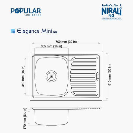 SS SINK 1.0 BOWL WITH DRAIN BOARD (DEPTH 6.75  )ELEGANCE MINI - NIRALI -  ( ANTI-SCRATCH - POPULAR SINK RANGE - 760x510 mm - 30inchX20inch )