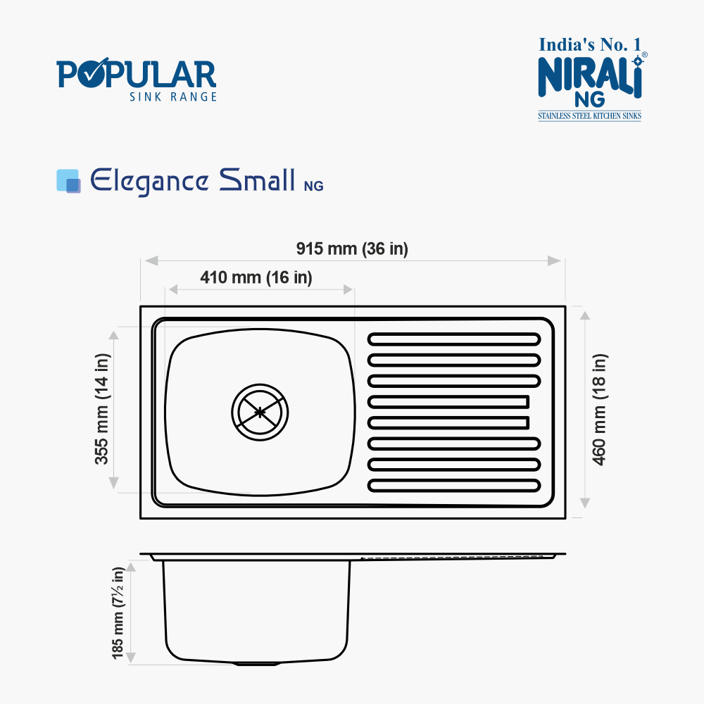 SS SINK 1.0 BOWL WITH DRAIN BOARD (DEPTH 7.5  )ELEGANCE SMALL - NIRALI -  ( GLOSSY - POPULAR SINK RANGE - 915x460 mm - 36inchX18inch )