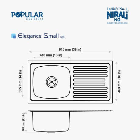 SS SINK 1.0 BOWL WITH DRAIN BOARD (DEPTH 7.5  )ELEGANCE SMALL - NIRALI -  ( GLOSSY - POPULAR SINK RANGE - 915x460 mm - 36inchX18inch )