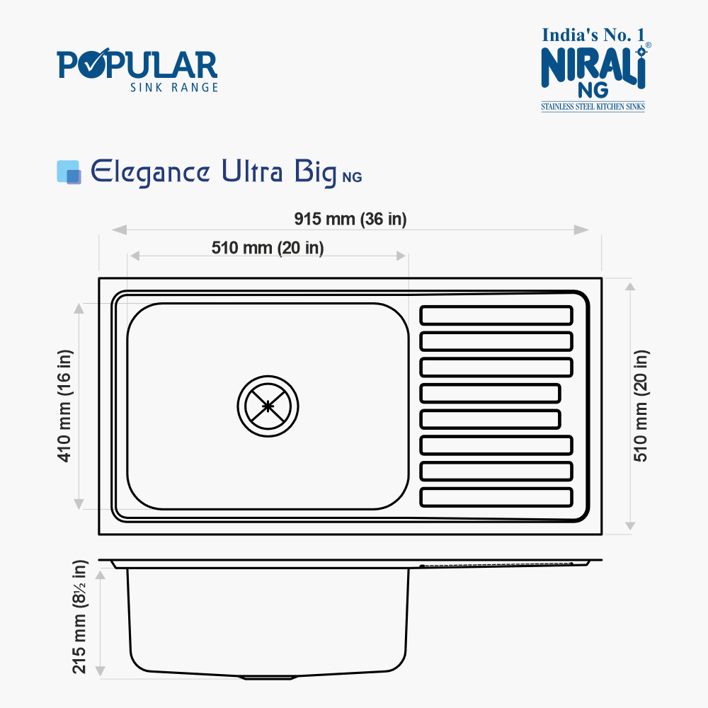 SS SINK 1.0 BOWL WITH DRAINBOARD (DEPTH 8INCH) ELEGANCE ULTRA BIG - NIRALI -  ( GLOSSY - POPULAR SINK RANGE - 915x510 mm - 36inchX20inch )
