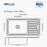SS SINK 1.0 BOWL WITH DRAINBOARD (DEPTH 8INCH) ELEGANCE ULTRA BIG - NIRALI -  ( GLOSSY - POPULAR SINK RANGE - 915x510 mm - 36inchX20inch )