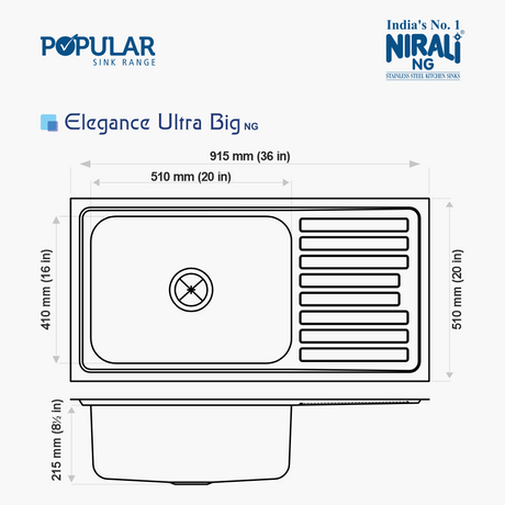 SS SINK 1.0 BOWL WITH DRAINBOARD (DEPTH 8INCH)ELEGANCE ULTRA BIG - NIRALI -  ( ANTI-SCRATCH - POPULAR SINK RANGE - 915x510 mm - 36inchX20inch )