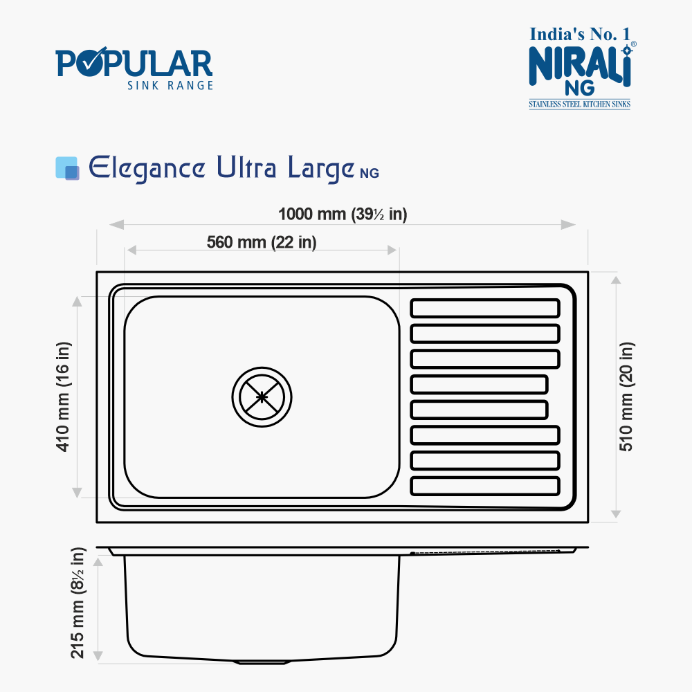 SS SINK 1.0 BOWL WITH DRAIN BOARD (DEPTH 8.5) ELEGANCE ULTRA LARGE - NIRALI -  ( GLOSSY - POPULAR SINK RANGE - 1000x510 mm - 39.5inchX20inch )