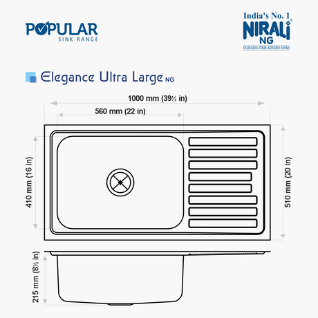 SS SINK 1.0 BOWL WITH DRAIN BOARD (DEPTH 8.5) ELEGANCE ULTRA LARGE - NIRALI -  ( GLOSSY - POPULAR SINK RANGE - 1000x510 mm - 39.5inchX20inch )