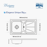 SS SINK 1.0 BOWL WITH DRAIN BOARD (DEPTH 9INCH) ELEGANCE UNIQUE BIG - NIRALI -  ( SATIN - D SIGNO - 1040x510 mm - 41inchX20inch )