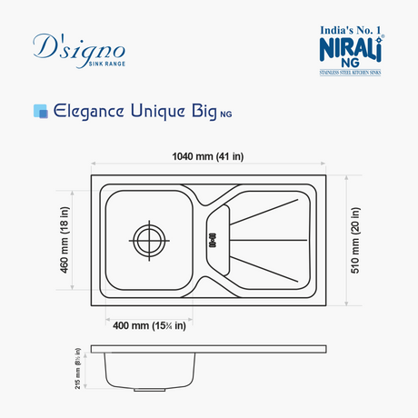 SS SINK 1.0 BOWL WITH DRAIN BOARD (DEPTH 9INCH) ELEGANCE UNIQUE BIG - NIRALI -  ( SATIN - D SIGNO - 1040x510 mm - 41inchX20inch )