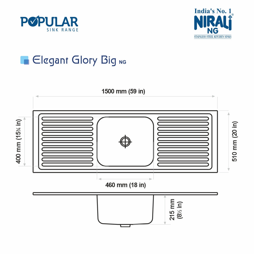 SS SINK 1.0 BOWL WITH 2 DRAIN BOARD (DEPTH 8.5  ) ELEGANT GLORY BIG - NIRALI -  ( GLOSSY - POPULAR SINK RANGE - 1500x510 mm - 59inchX20inch )