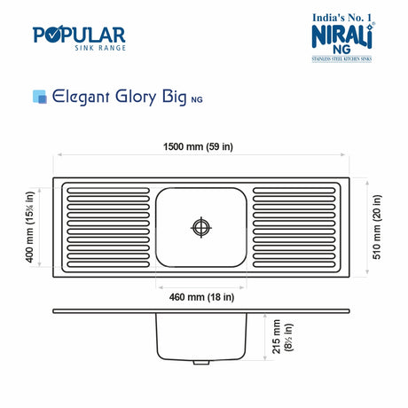 SS SINK 1.0 BOWL WITH 2 DRAIN BOARD (DEPTH 8.5  ) ELEGANT GLORY BIG - NIRALI -  ( SATIN - POPULAR SINK RANGE - 1500x510 mm - 59inchX20inch )